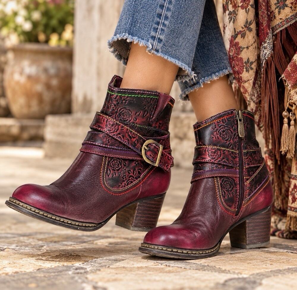 L’Artiste Spring Step Shazzam Rose Boots 39 US 8.5 Hand Painted Leather Floral